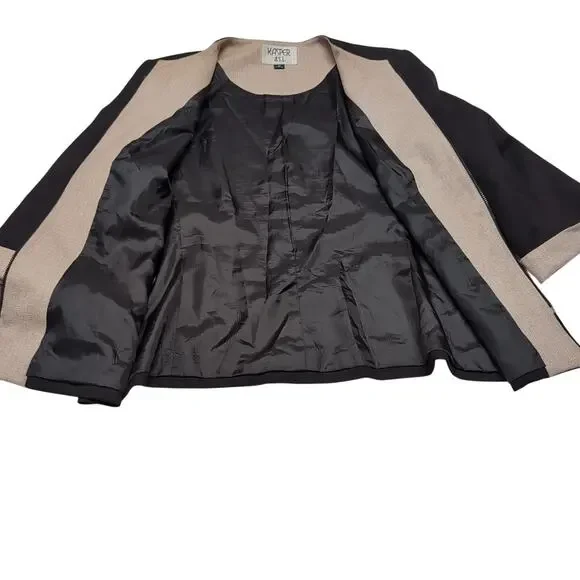 VTG Kasper Suit Jacket / Top Blouse Set Women's 14P 14 Petite Black Tan Career - Picture 5 of 16